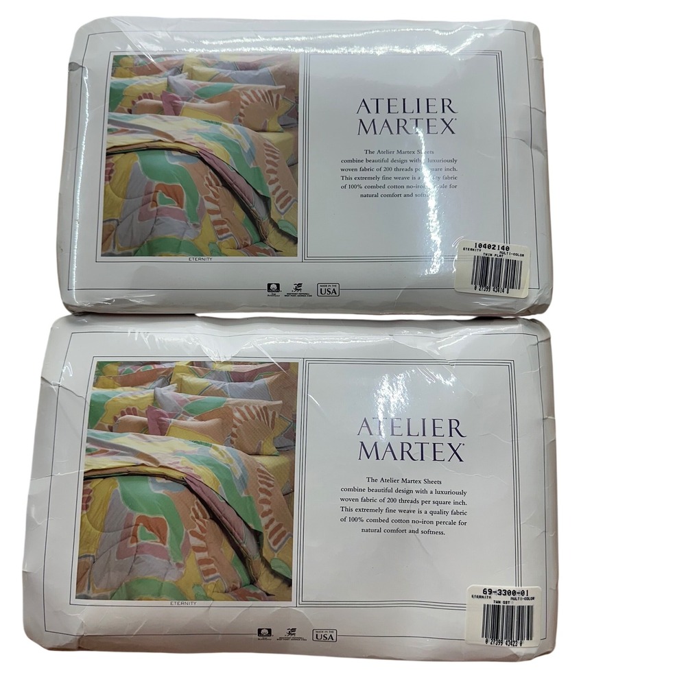 Vtg 80s 90s Atelier Martex Eternity Twin Flat & Fitted Sheet Set Abstract Pastel